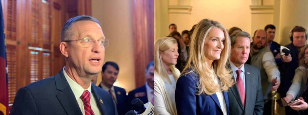 crowd around a man, Doug Collins, and a woman, Kelly Loeffler