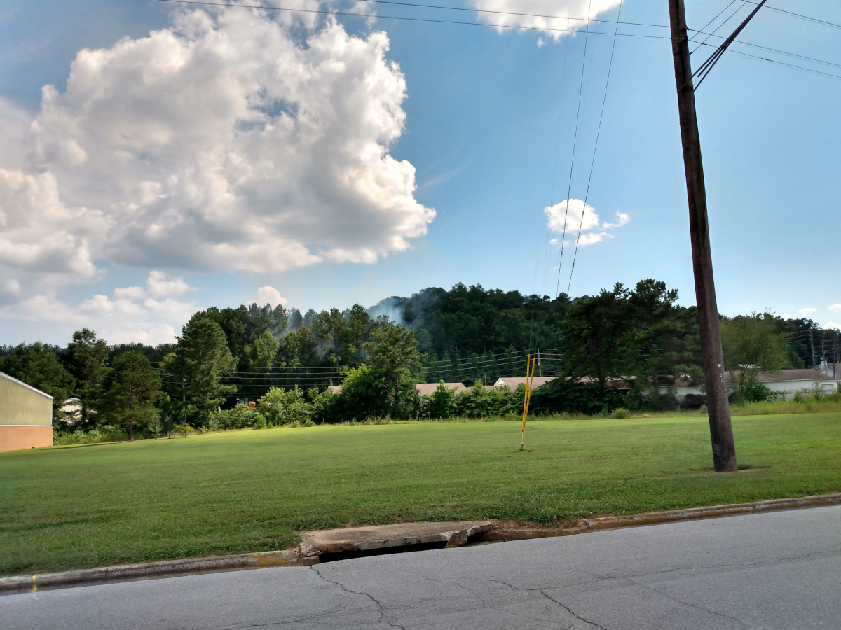smoke rising from a wooded area behind an open grass field
