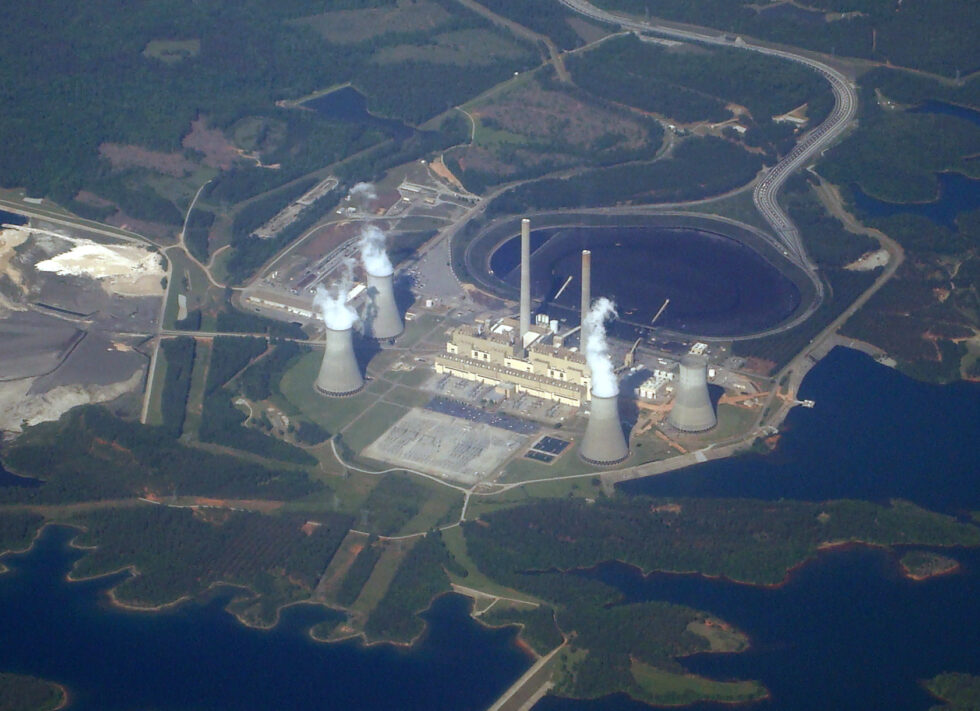 Power plant cooling towers and buildings from the air